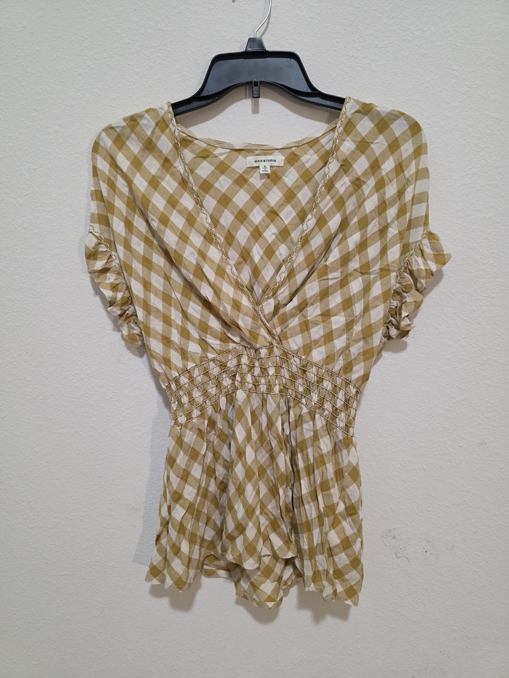 Topshop Yellow and White Gingham V-Neck Smocked Waist Top